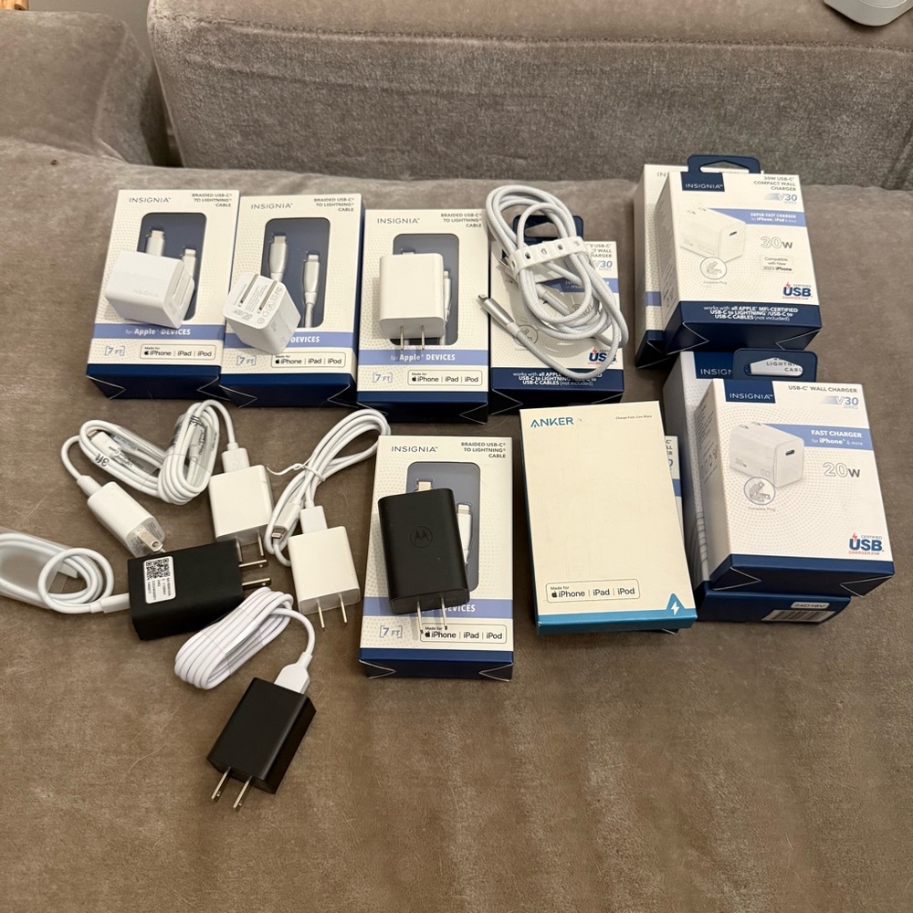 Lot of 13 iPhone lightning charging cables and USB Power Adapters 3 to 10 feet